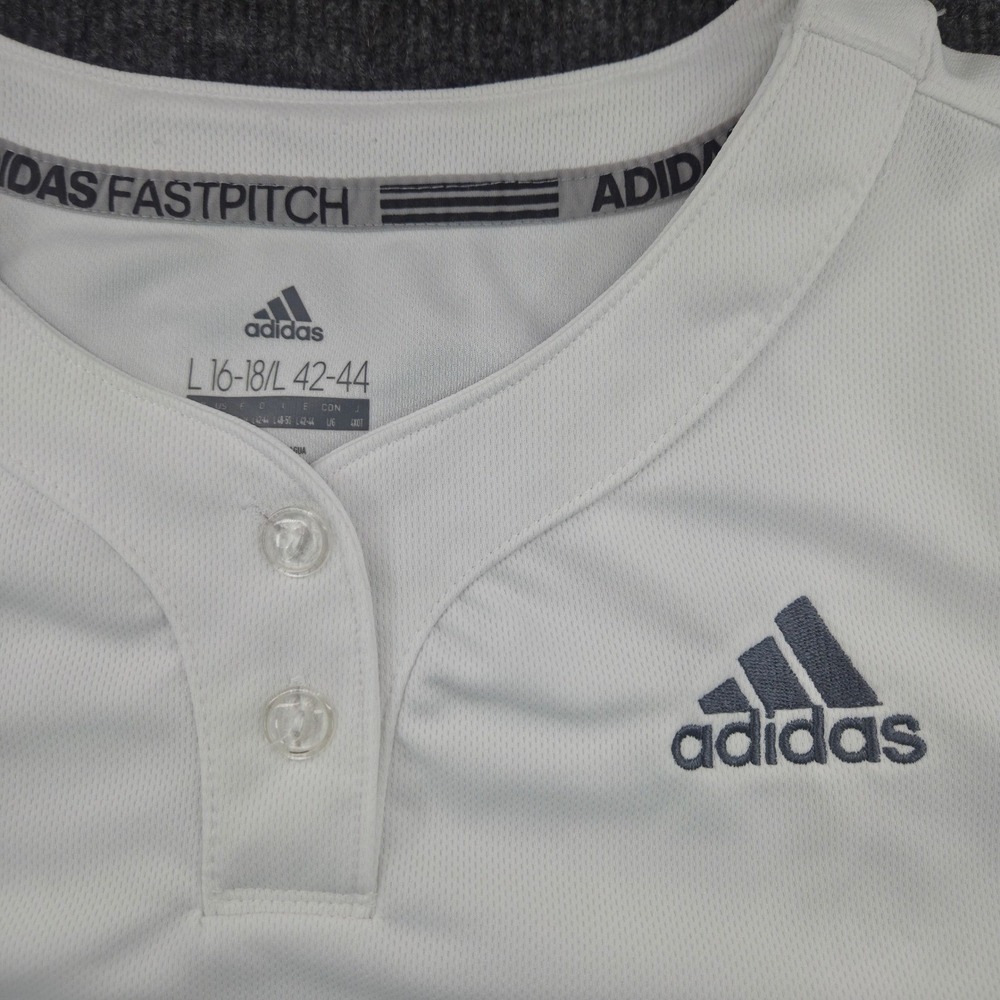 Adidas Fastpitch Jersey Kids Large 16-18 White Short Sleeve Athletic Shirt L